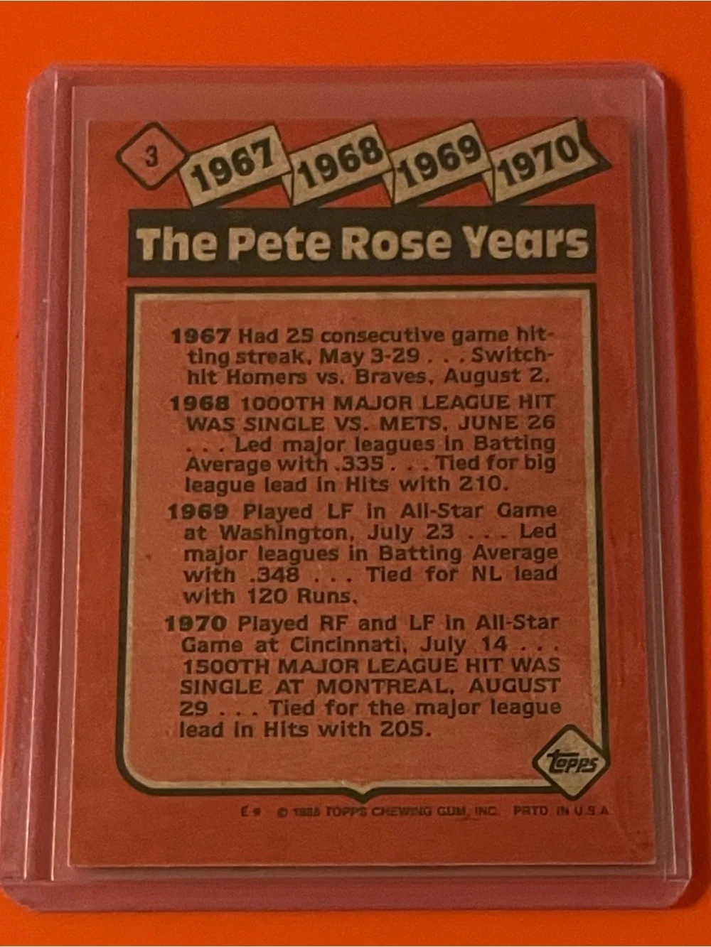 Pete Rose Years 1967-1970 #3 1986 Topps Baseball Trading Card